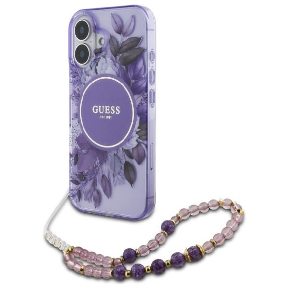 Guess iPhone 16 Plus Magsafe IML Flowers With Pearl Strap (GUHMP16MHFWBRCESU) Magsafe kompatibilis hátlap, tok, lila