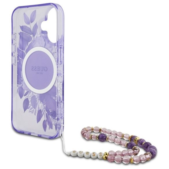 Guess iPhone 16 Plus Magsafe IML Flowers With Pearl Strap (GUHMP16MHFWBRCESU) Magsafe kompatibilis hátlap, tok, lila