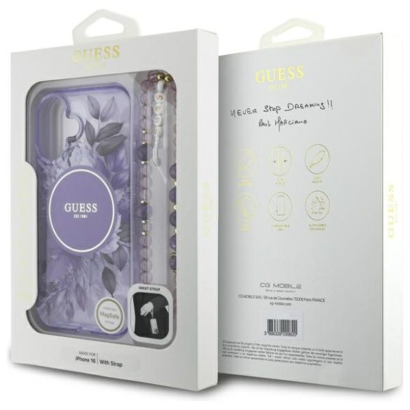 Guess iPhone 16 Plus Magsafe IML Flowers With Pearl Strap (GUHMP16MHFWBRCESU) Magsafe kompatibilis hátlap, tok, lila