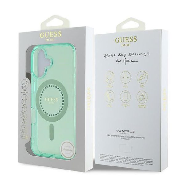 Guess IML Rhinestones MagSafe iPhone 16 Plus GUHMP16MPFTDTEN hátlap tok, zöld