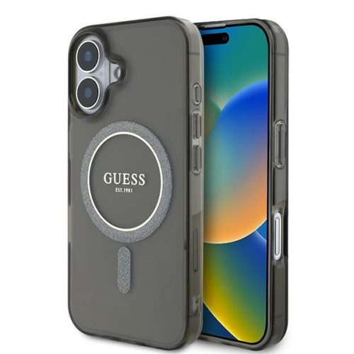 Guess GUHMP16SHFGEREK iPhone 16 6.1" fekete/fekete keménytok IML csillogó kör MagSafe