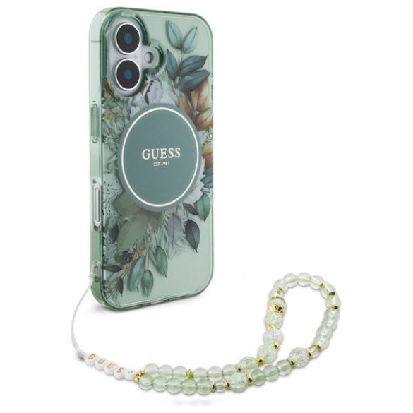 Guess iPhone 16 Magsafe IML Flowers With Pearl Strap (GUHMP16SHFWBRCESN) Magsafe kompatibilis hátlap, tok, zöld