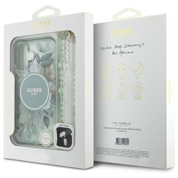 Guess iPhone 16 Magsafe IML Flowers With Pearl Strap (GUHMP16SHFWBRCESN) Magsafe kompatibilis hátlap, tok, zöld