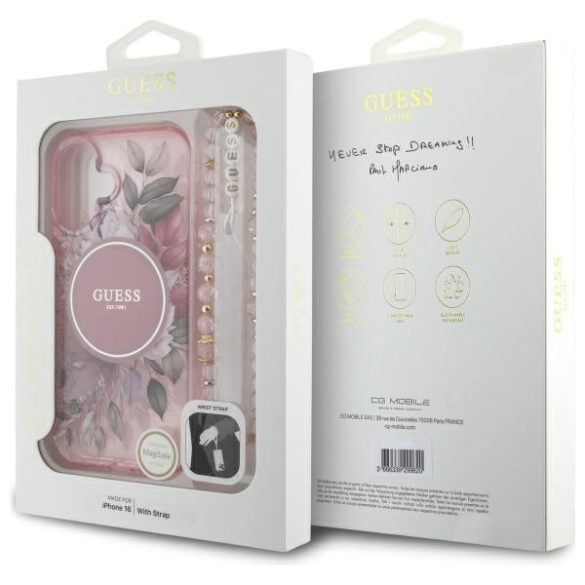 Guess iPhone 16 Magsafe IML Flowers With Pearl Strap (GUHMP16SHFWBRCESP) Magsafe kompatibilis hátlap, tok, rózsaszín