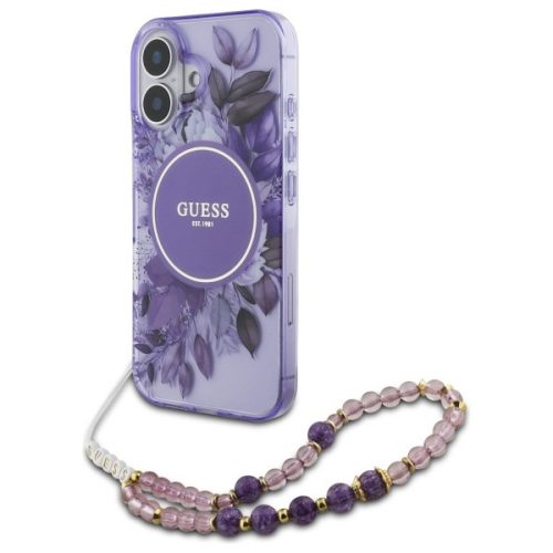 Guess iPhone 16 Magsafe IML Flowers With Pearl Strap (GUHMP16SHFWBRCESU) MagSafe hátlap, tok, lila