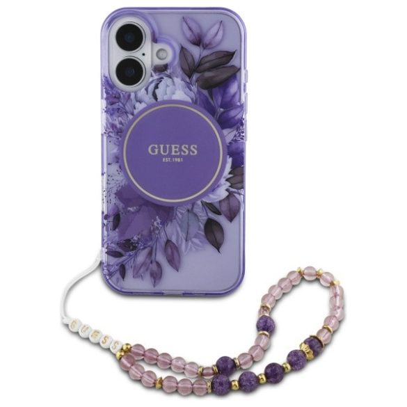 Guess iPhone 16 Magsafe IML Flowers With Pearl Strap (GUHMP16SHFWBRCESU) Magsafe kompatibilis hátlap, tok, lila