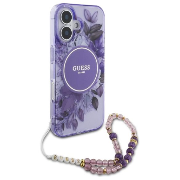 Guess iPhone 16 Magsafe IML Flowers With Pearl Strap (GUHMP16SHFWBRCESU) Magsafe kompatibilis hátlap, tok, lila