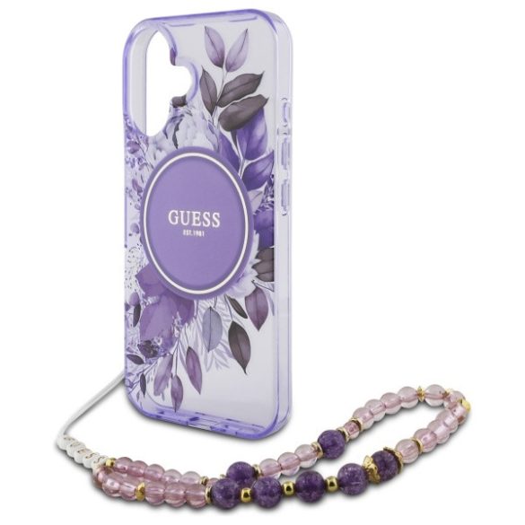 Guess iPhone 16 Magsafe IML Flowers With Pearl Strap (GUHMP16SHFWBRCESU) Magsafe kompatibilis hátlap, tok, lila