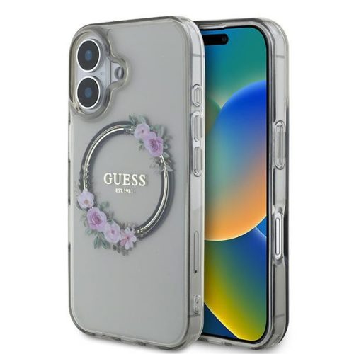 Guess GUHMP16SHFWFCK iPhone 16 6.1" cárny/fekete keménytok IML Virágok koszorú MagSafe