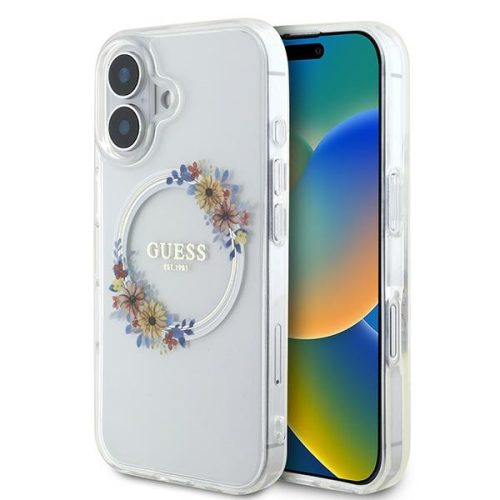 Guess IML Flowers Wreath iPhone 16 MagSafe GUHMP16SHFWFCT hátlap tok, átlátszó