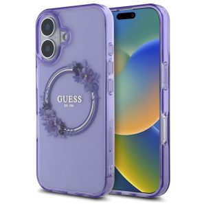 Guess iPhone 16 Magsafe IML Flowers Wreath (GUHMP16SHFWFCU) Magsafe kompatibilis hátlap, tok, lila