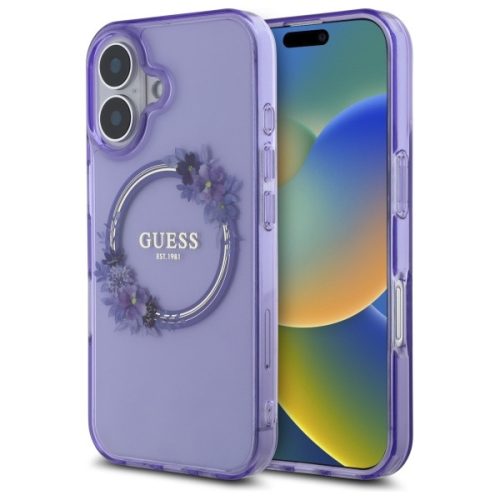 Guess iPhone 16 Magsafe IML Flowers Wreath (GUHMP16SHFWFCU) MagSafe hátlap, tok, lila