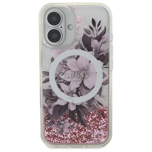 Guess iPhone 16 Magsafe Liquid Glitter Flower (GUHMP16SLFMWTP) Magsafe kompatibilis hátlap, tok, rózsaszín