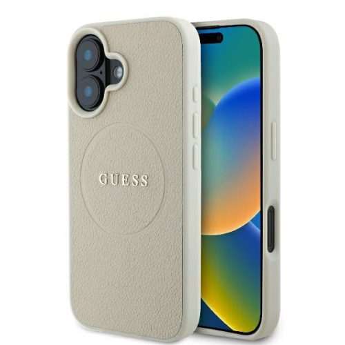 Guess GUHMP16SPGHSMME iPhone 16 6.1" beżowy/beige keménytok szemcsés gyűrűs MagSafe tok