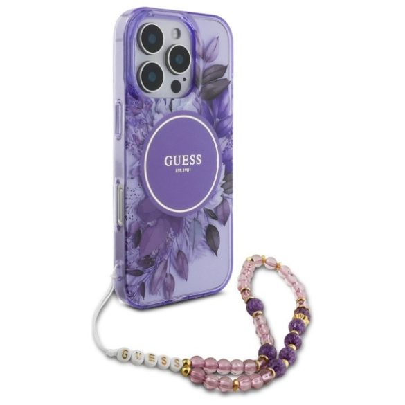 Guess iPhone 16 Pro Max Magsafe IML Flowers With Pearl Strap (GUHMP16XHFWBRCESU) Magsafe kompatibilis hátlap, tok, lila