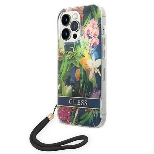 Guess GUOHCP14LHFLSB iPhone 14 Pro 6.1 " hátlap, tok Flower Strap, kék