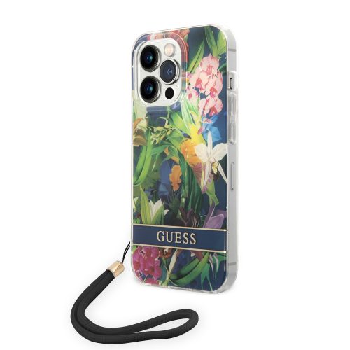 Guess iPhone 14 Pro Max Flower Strap (GUOHCP14XHFLSB) hátlap, tok, sötétkék