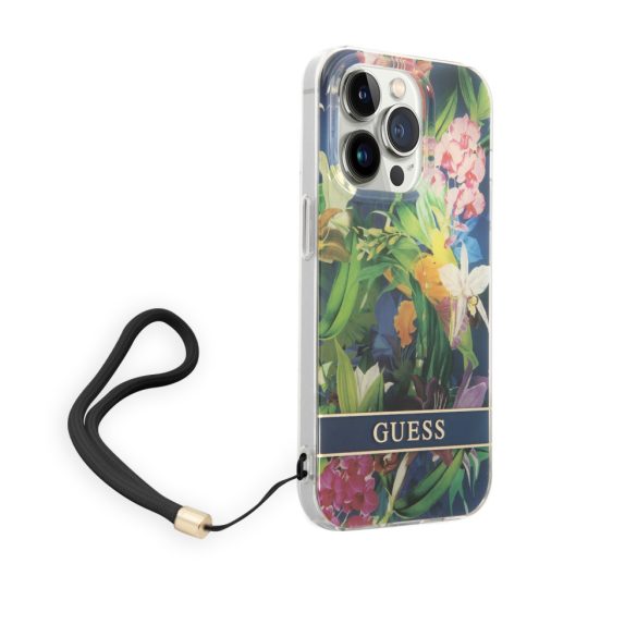 Guess iPhone 14 Pro Max Flower Strap (GUOHCP14XHFLSB) hátlap, tok, sötétkék