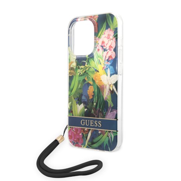 Guess iPhone 14 Pro Max Flower Strap (GUOHCP14XHFLSB) hátlap, tok, sötétkék