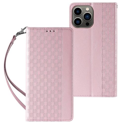 Magnet Strap oldalra nyíló tok iPhone 12 Pro Pouch Wallet + Mini Lanyard Pendant, rózsaszín