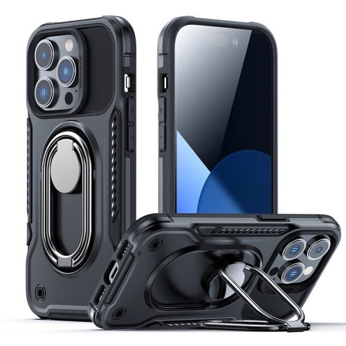 Joyroom Dual Hinge tok iPhone 14 Pro Armor Case állvánnyal és gyűrűtartóval, fekete