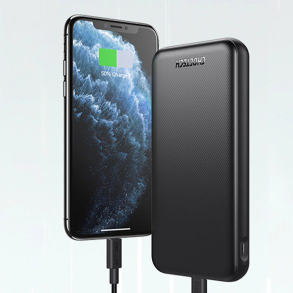 Choetech Powerbank, hordozható külső akkumulátor, PD, QC, USB-A/USB-C, 10000 mAh, 18W, fekete