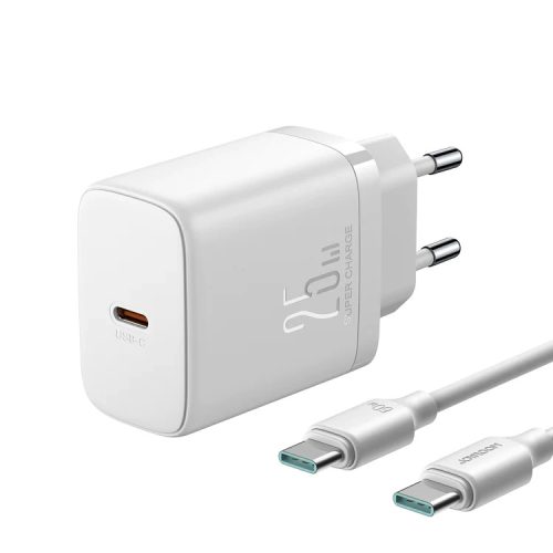 Joyroom JR-TCF11 fast charger hálózati töltő adapter, gyorstöltő, USB-C, PD 25W, USB-C/USB-C 1m kábellel, 3A, fehér