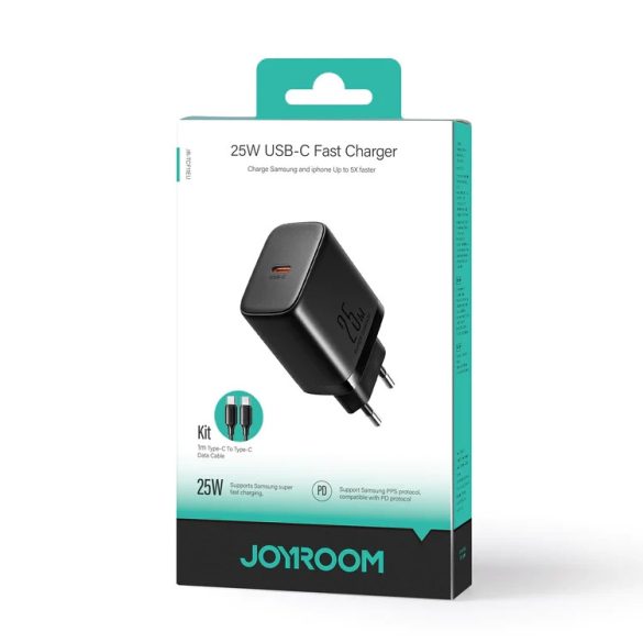 Joyroom JR-TCF11 fast charger hálózati töltő adapter, gyorstöltő, USB-C, PD 25W, USB-C/USB-C 1m kábellel, 3A, fehér