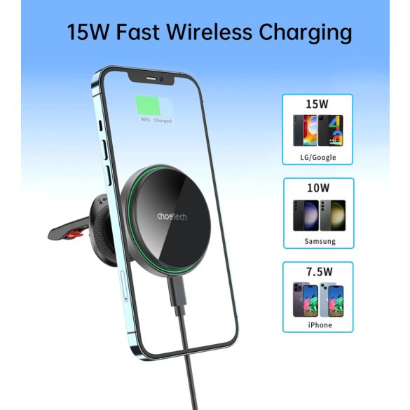 Choetech T204-F Gravity Car Charger univerzális mágneses autós telefontartó és vezetéknélküli töltő szellőzőrácsra, 15W, fekete