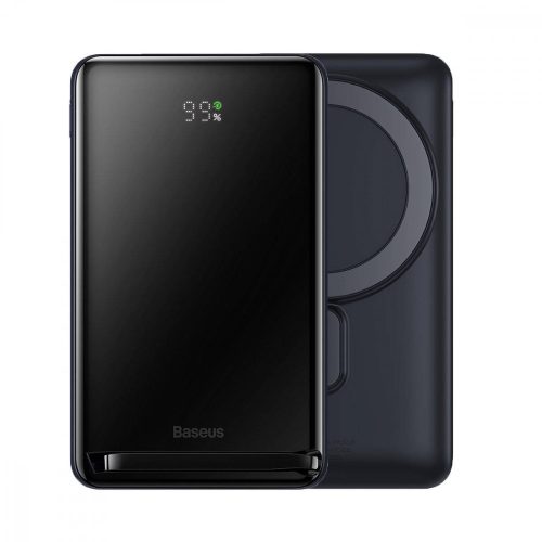 Baseus Magnetic Bracket Power Bank and Wireless Charger, 10000 mAh, 20W hordozható külső akkumulátor és vezeték nélküli Qi töltő, USB-C/USB-C kábellel, kék-fekete