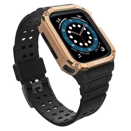 Protect Strap Band Apple Watch 2/3/4/5/6/7/SE, 42/44/45mm ütésálló tok és óraszíj, fekete-rozéarany