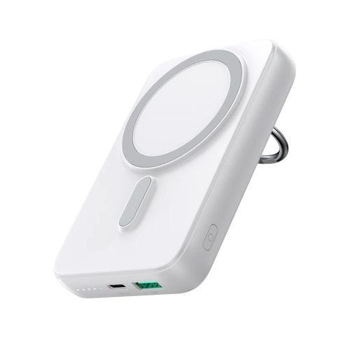 Joyroom JR-W050 Power Bank and Qi Wireless Charger, MagSafe kompatibilis, 10000 mAh, 20W hordozható külső akkumulátor és vezeték nélküli Qi töltő, gyűrűs kitámasztóval, USB-C kábellel, fehér