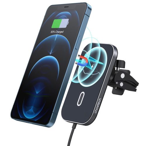 Choetech T200-F Car Magnetic Mount Inductive Qi Charger Magsafe/Qi kompatibilis vezeték nélküli töltő és tartó, szellőzőrácsra, mágneses, 15W, fekete