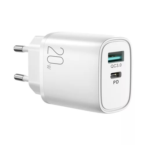 Joyroom L-QP2011 USB/USB-C QC 3.0 + PD 20W, hálózati töltő adapter, gyorstöltő, fehér