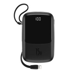   Baseus PPQD-B01 Qpow Power Bank, hordozható külső akkumulátor 2xUSB/USB-C, Lightning kábellel, 10000mAh, 3A, 15W, fekete