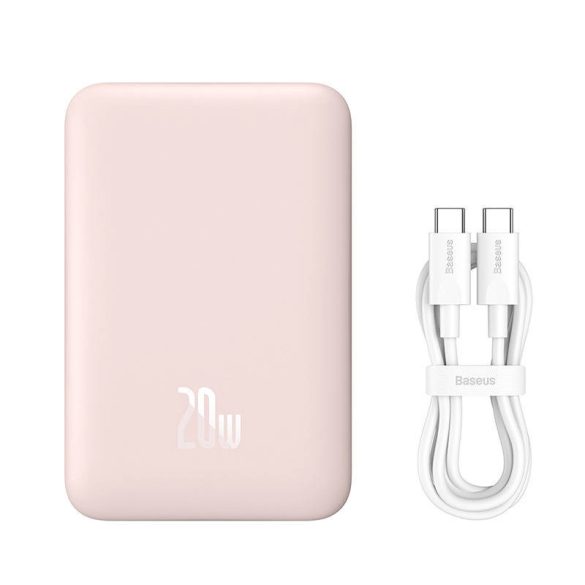 Baseus PPCXM10 Magnetic Mini Power Bank and Wireless Charger, 10000 mAh, 20W hordozható külső akkumulátor és vezeték nélküli Qi és Magsafe töltő, USB-C/USB-C kábellel, rózsaszín