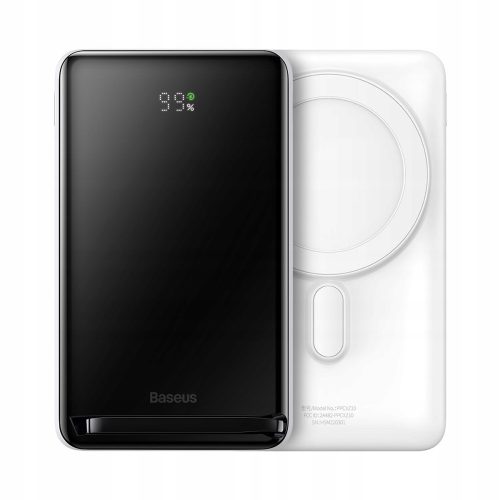 Baseus PPCX000202 Magnetic Bracket Power Bank and Wireless Charger, 10000 mAh, 20W hordozható külső akkumulátor és vezeték nélküli Qi és Magsafe töltő, USB-C/USB-C kábellel, fehér