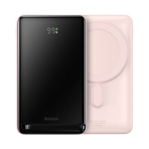 Baseus PPCX000204 Magnetic Bracket Power Bank and Wireless Charger, 10000 mAh, 20W hordozható külső akkumulátor és vezeték nélküli Qi és Magsafe töltő, USB-C/USB-C kábellel, rózsaszín