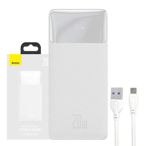 Baseus Bipow Powerbank, hordozható külső akkumulátor 2xUSB-A/USB-C/Micro-USB, LED kijelzővel, 10000 mAh, 20W, fehér