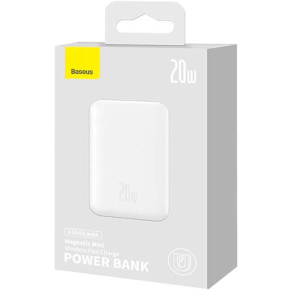 Baseus PPCXM10 Magnetic Mini Power Bank and Wireless Charger, 10000 mAh, 20W hordozható külső akkumulátor és vezeték nélküli Qi és Magsafe töltő, USB-C/USB-C kábellel, fehér