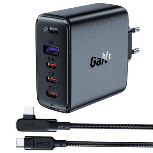 Acefast A37 PD100W Gan 3xUSB-C, 1xUSB-A töltőállomás, HUB, hálózati töltő adapter USB-C/USB-C kábellel, 100W, fekete