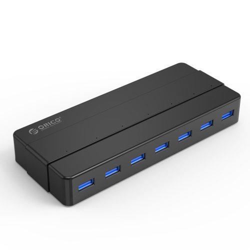 Orico 7in1 Hub 7xUSB-A 3.0 elosztó, 1m USB 3.0 kábellel, 12V hálózati töltővel, fekete