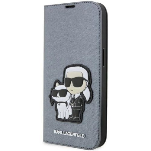 Karl Lagerfeld KLBKP14LSANKCPG Saffiano Karl & Choupette iPhone 14 Pro 6.1" oldalra nyíló tok, ezüst