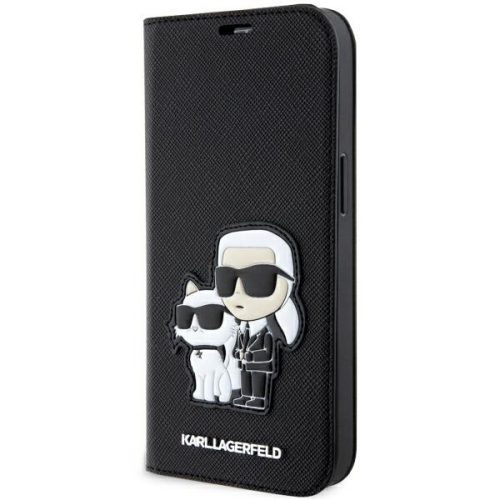 Karl Lagerfeld iPhone 14 Pro Saffiano Karl & Choupette (KLBKP14LSANKCPK) oldalra nyíló tok, fekete