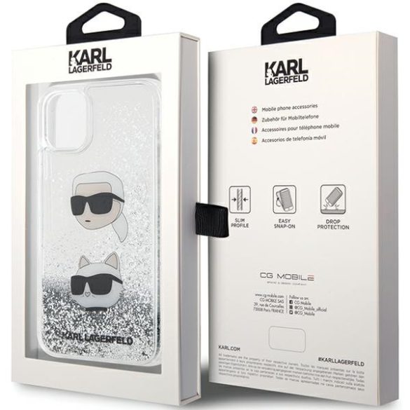 Karl Lagerfeld iPhone 11/Xr Liquid Glitter Karl & Choupette Heads (KLHCN61LDHKCNS) hátlap, tok, ezüst