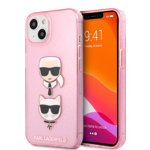 Karl Lagerfeld iPhone 13 Mini Karl & Choupette Head Glitter (KLHCP13SKCTUGLP) hátlap, tok, rózsaszín