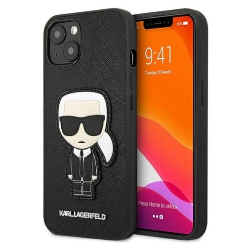 Karl Lagerfeld iPhone 13 Mini 5,4" KLHCP13SOKPK Saffiano Ikonik Karl's Patch hátlap, tok, fekete