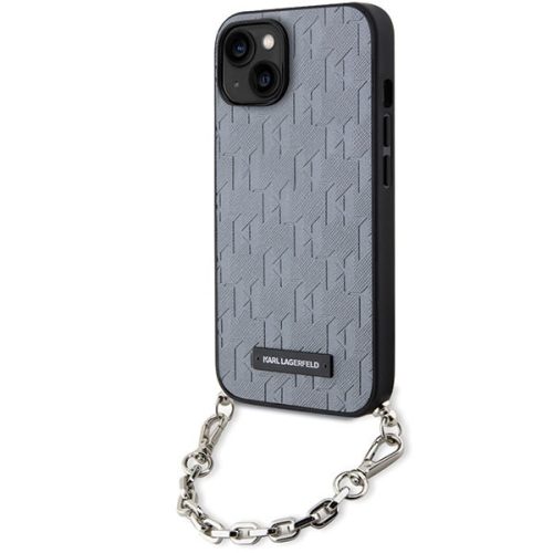 Karl Lagerfeld iPhone 14 Saffiano Monogram Chain (KLHCP14SSACKLHPG) hátlap, tok, ezüst