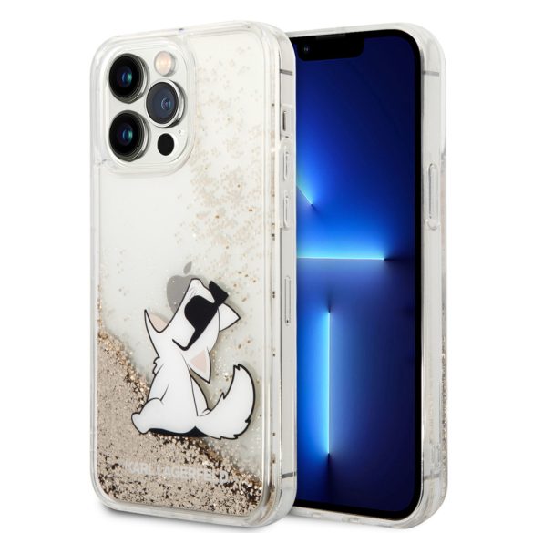 Karl Lagerfeld iPhone 14 Pro Max Liquid Glitter Choupette Eat (KLHCP14XGCFD) hátlap, tok, arany