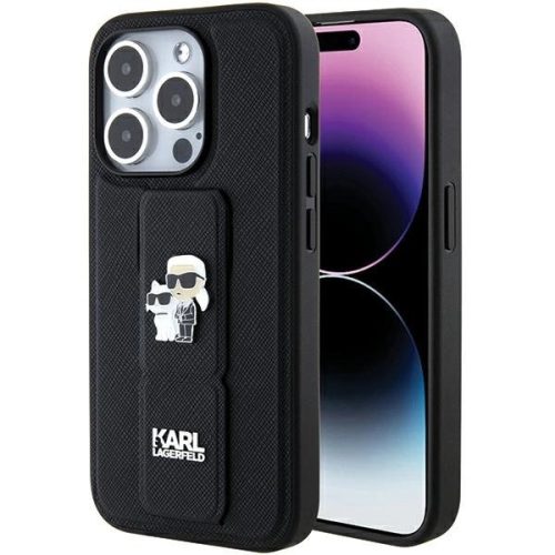 Karl Lagerfeld KLHCP15LGSAKCPK Gripstand Saffiano Karl&Choupette iPhone 15 Pro 6.1", hátlap, tok, fekete